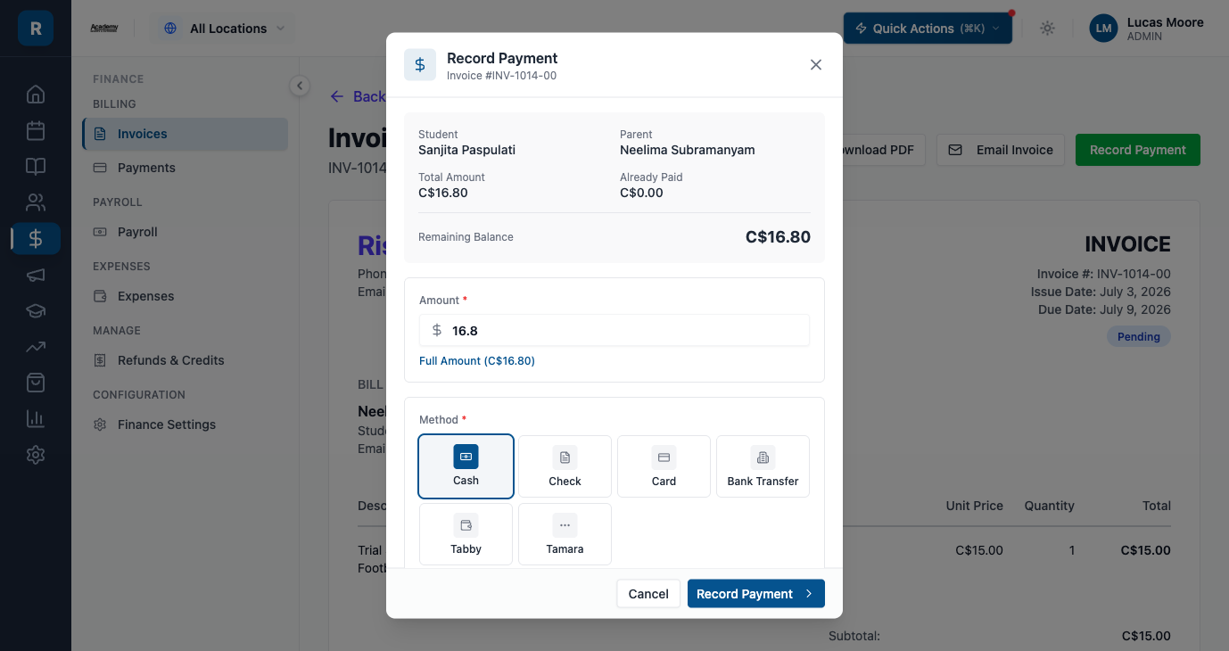 The Record Payment dialog
