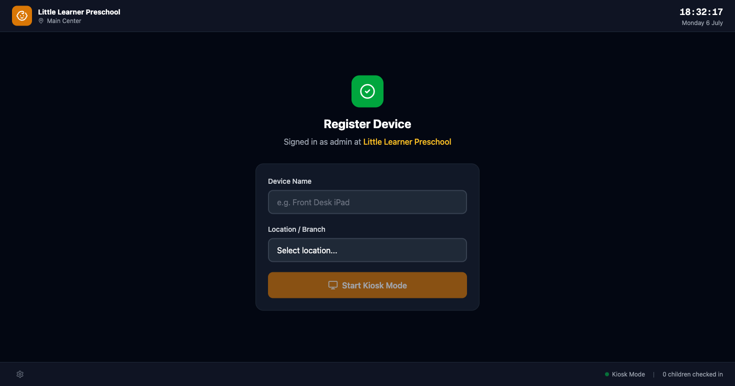 The Register Device screen with device name and location