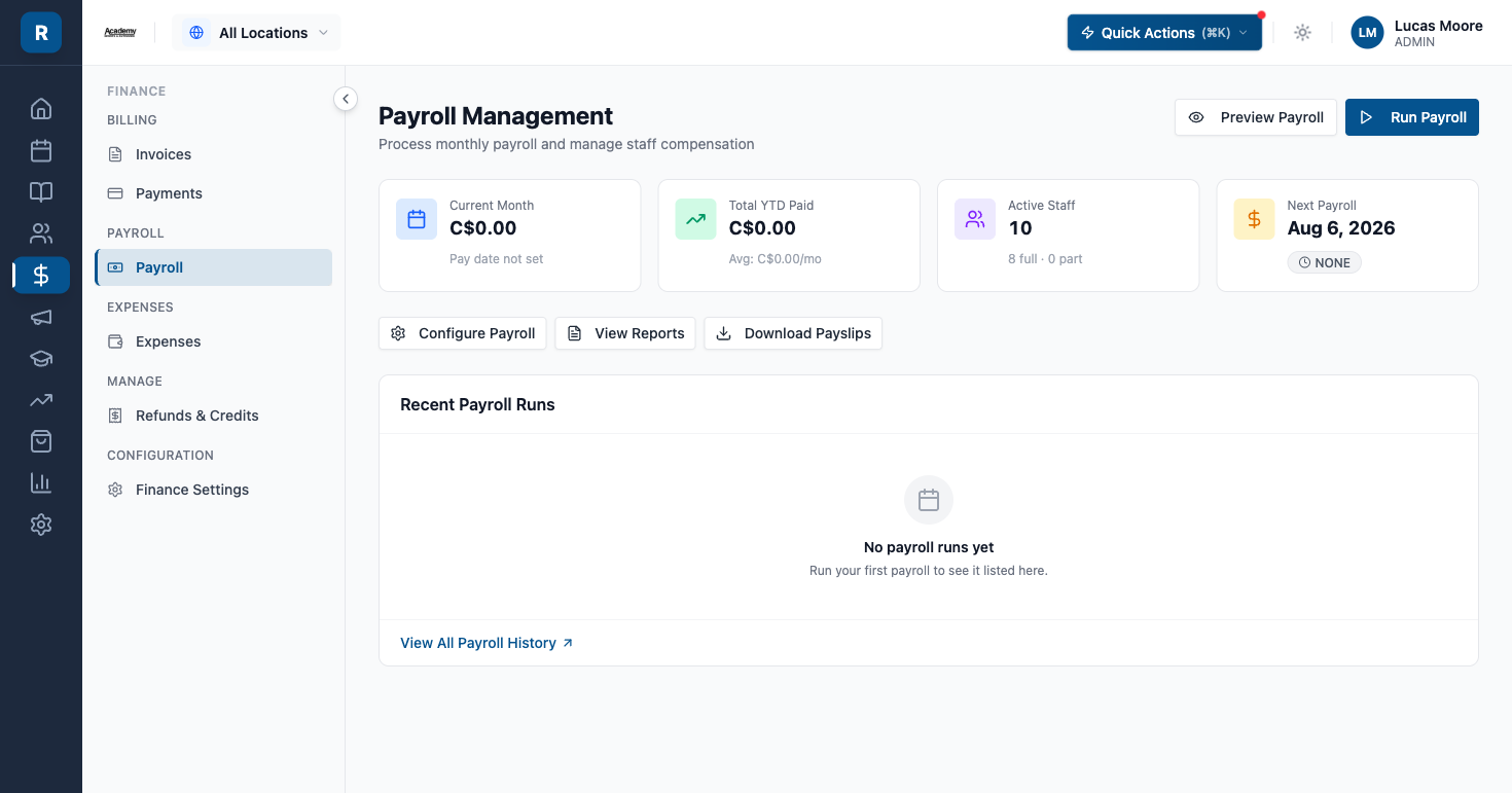 The Payroll Management screen with stat cards and Preview/Run Payroll