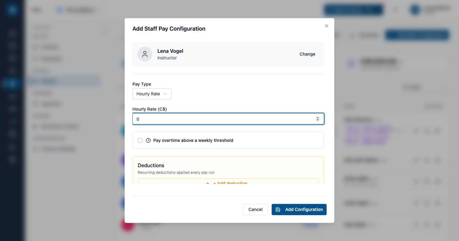The Add Staff Pay Configuration dialog with pay type, rate, overtime and deductions