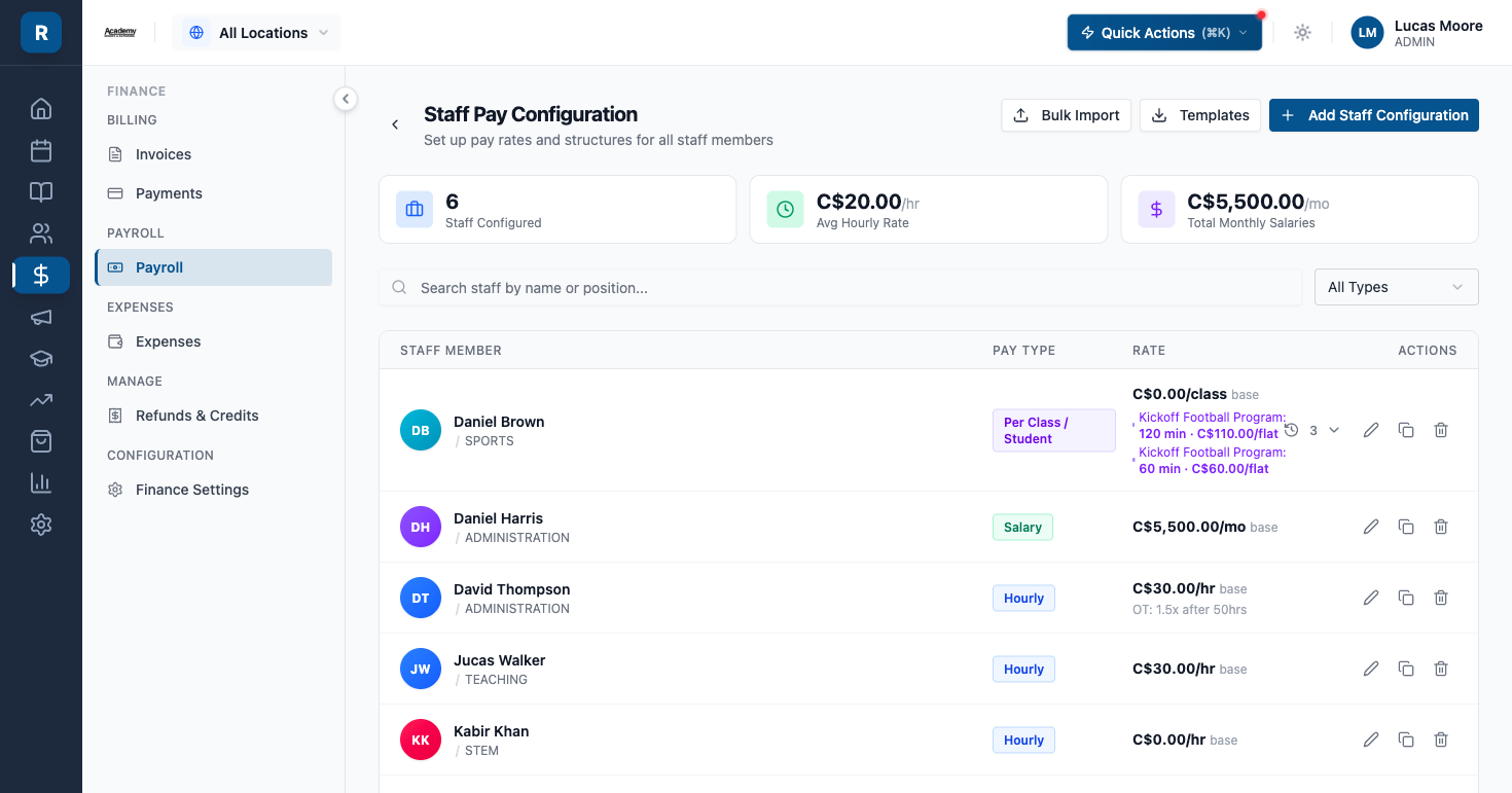 The Staff Pay Configuration list showing hourly, salary and per-class rates