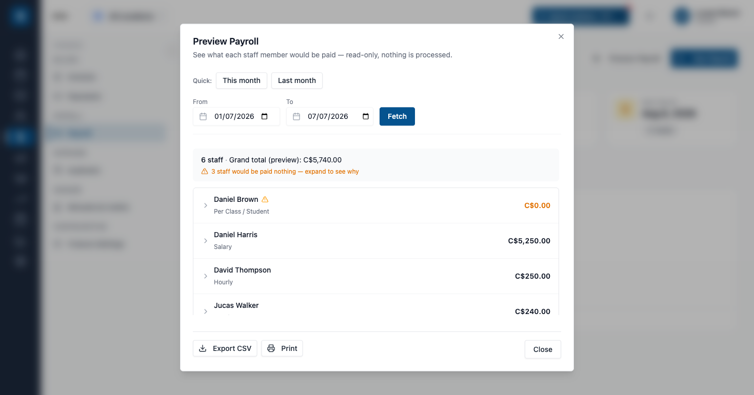 The Preview Payroll modal with a per-staff breakdown and grand total