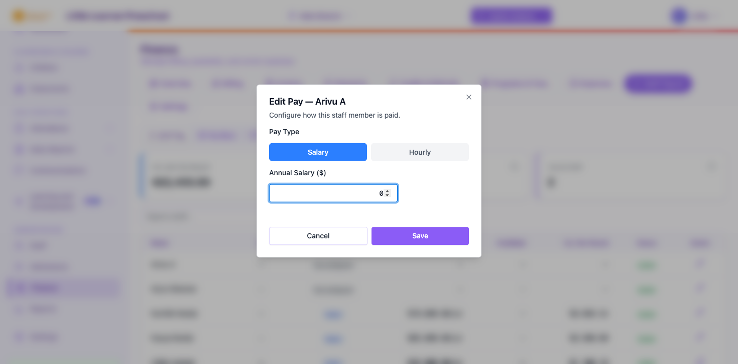 The Edit Pay dialog with Salary and Hourly options