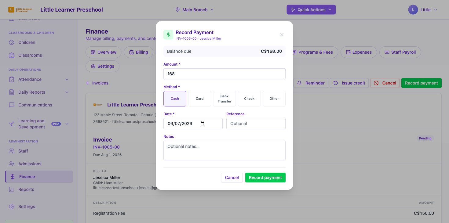 The Record Payment panel with amount, method, date and reference