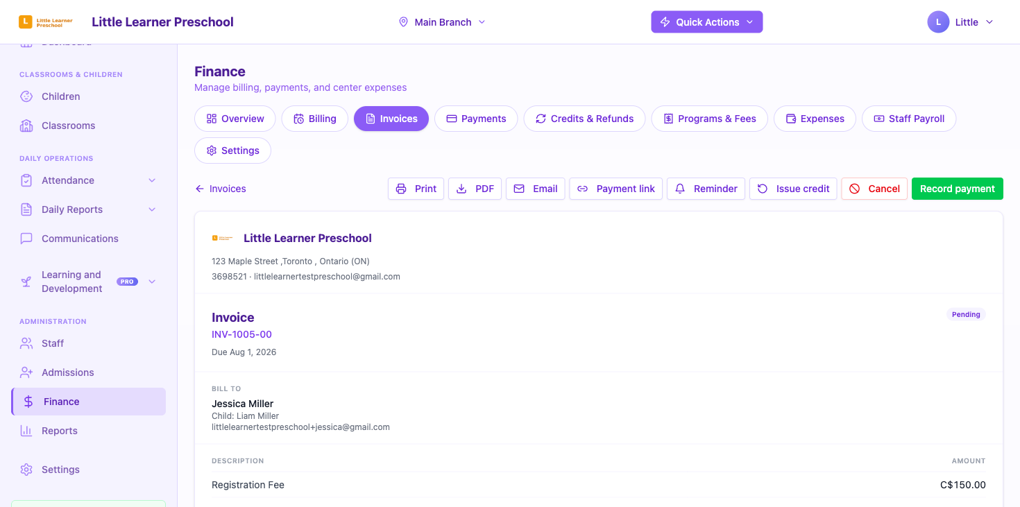 An invoice open with the Record payment button in the action bar