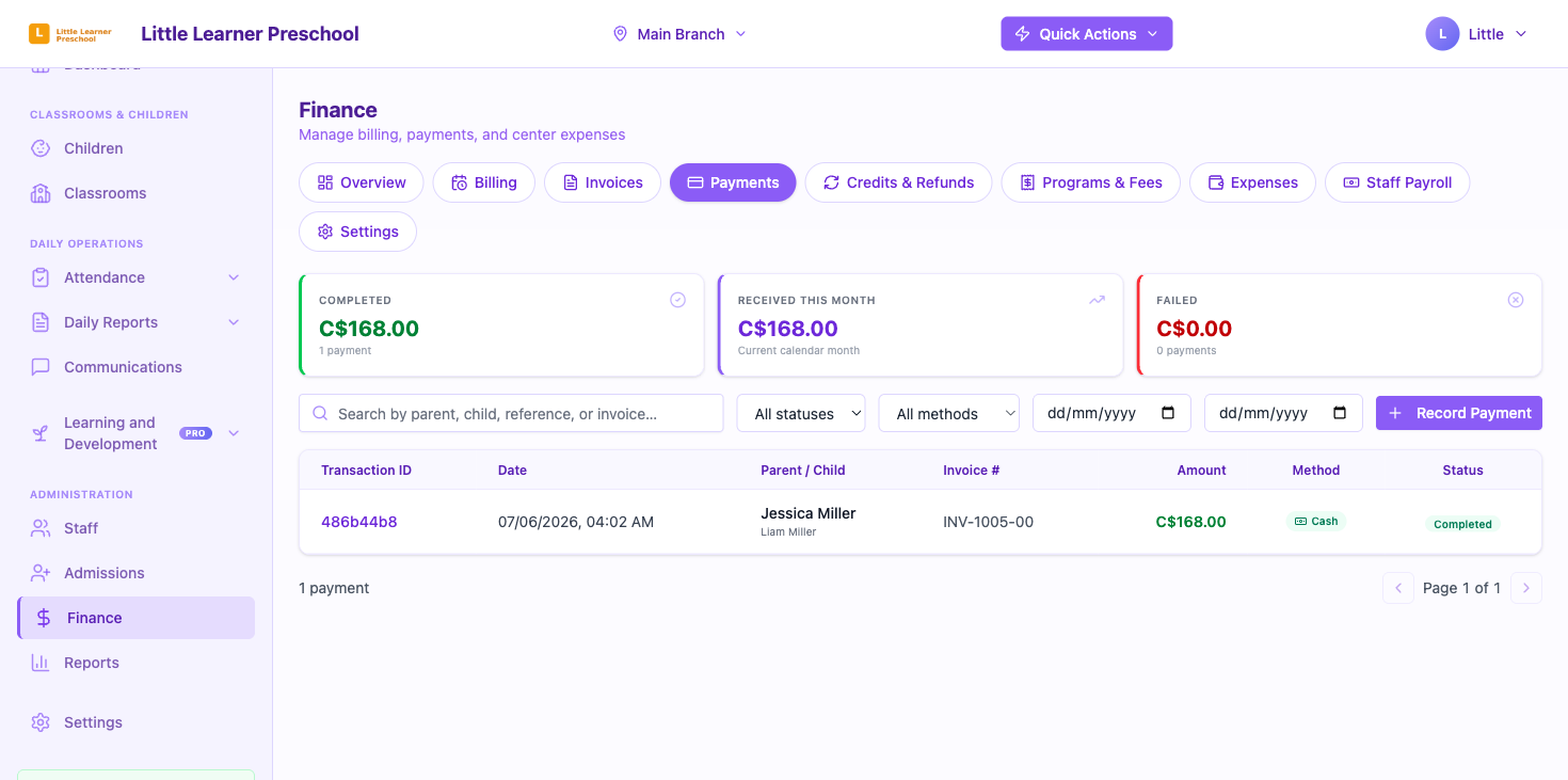 The Payments tab listing recorded transactions