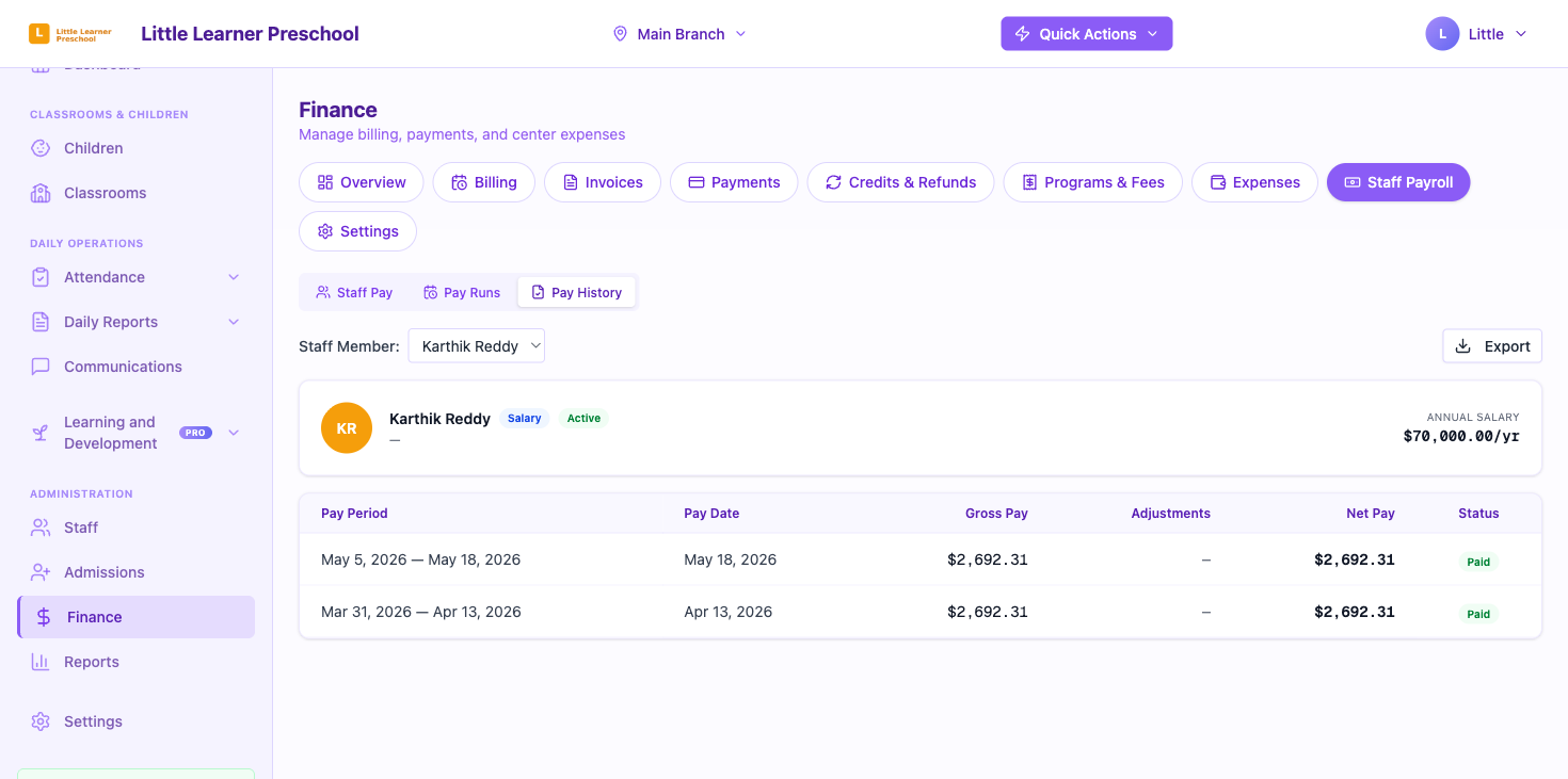 The Pay History sub-tab for one staff member