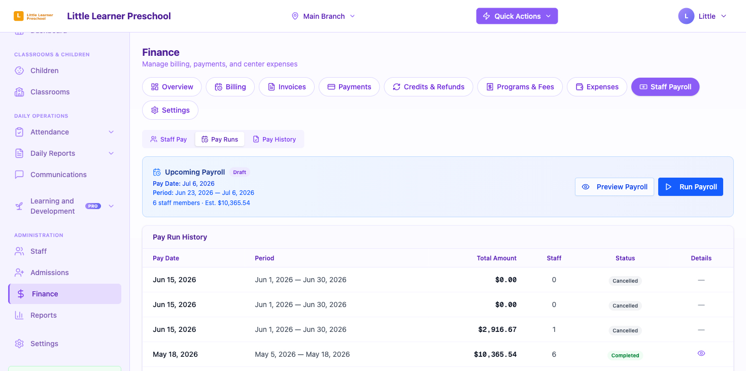 The Pay Runs sub-tab with the upcoming payroll card and pay run history