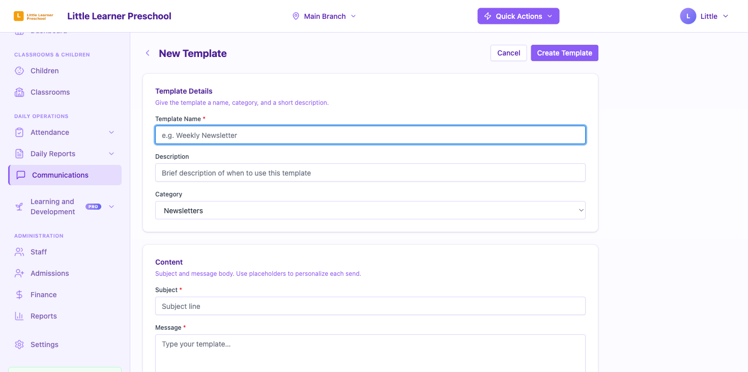 The New Template form with details and content sections