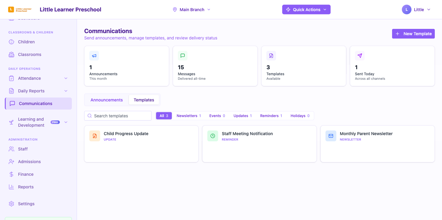 The Templates tab with saved templates and category filters