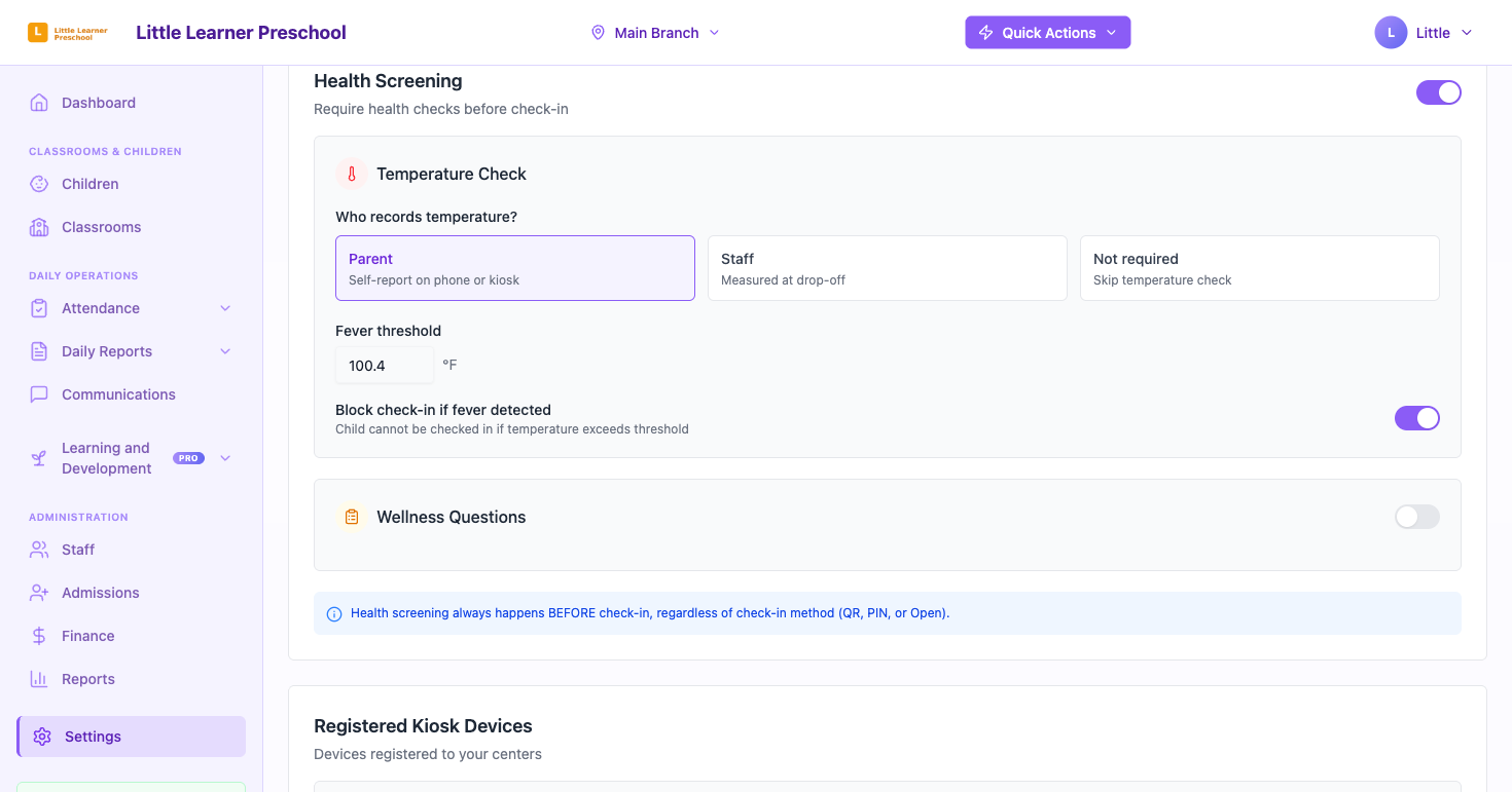 The Health Screening section with Temperature Check and Wellness Questions